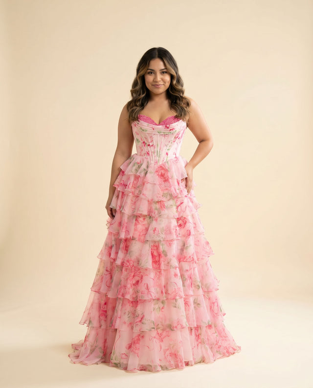 Robe Corset Étages Rose Imprimé