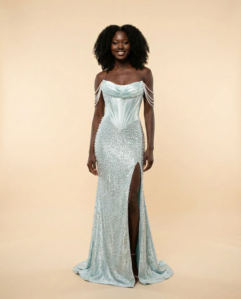 Robe Corset Perlée Aqua