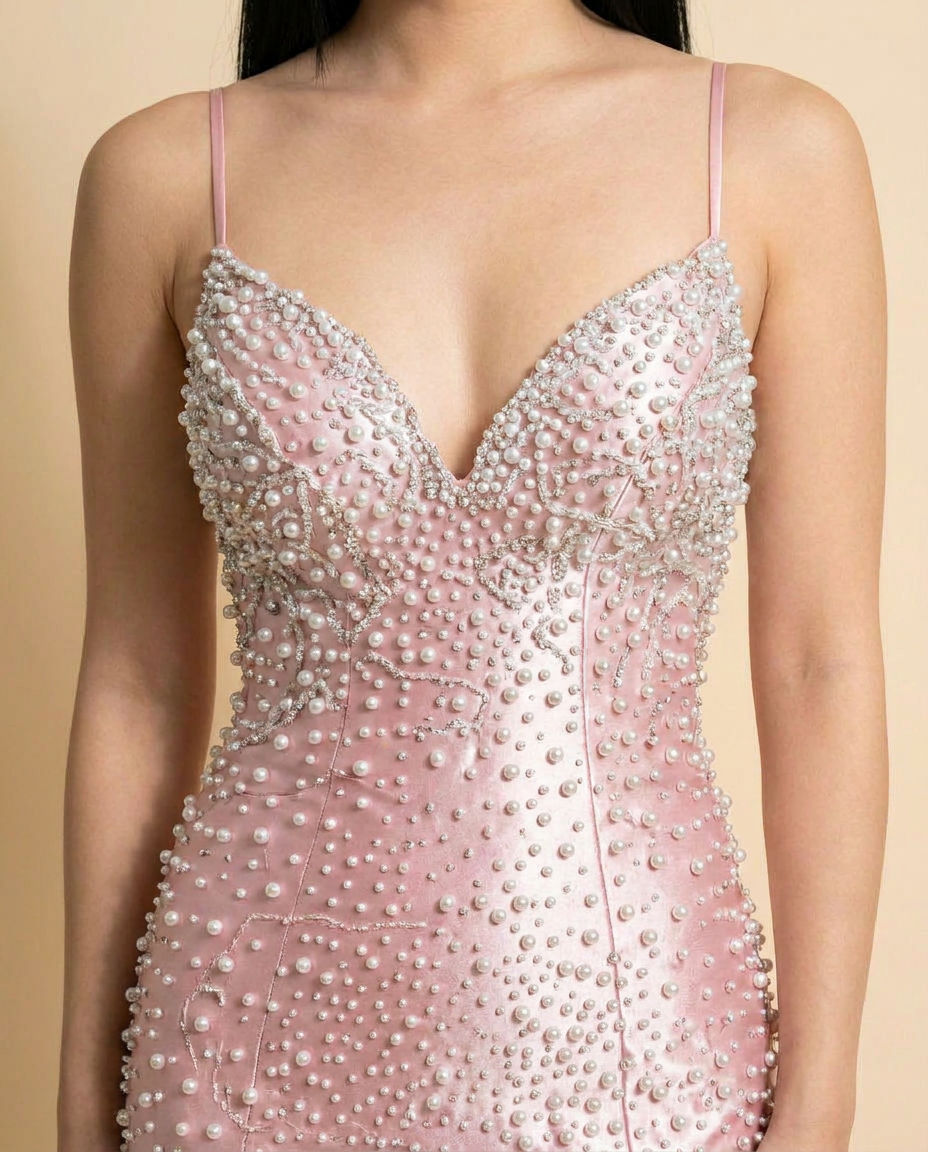 Robe Sirène à Perles Rose