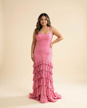 Robe Ajustée à Volants Rose Bonbon