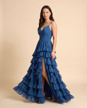 Robe À Étages Bleu Fleurie Brillante