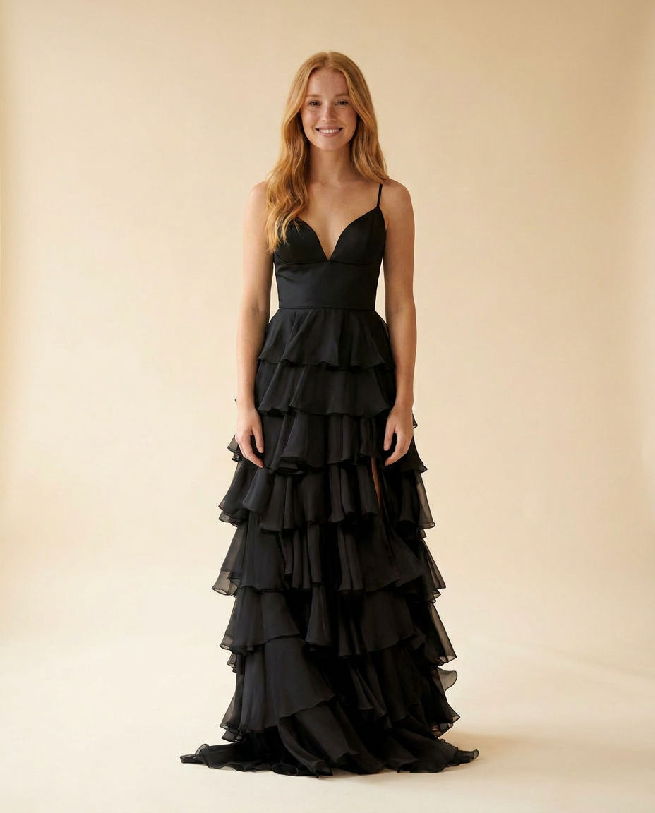 Robe De Chiffon À Volants Noire