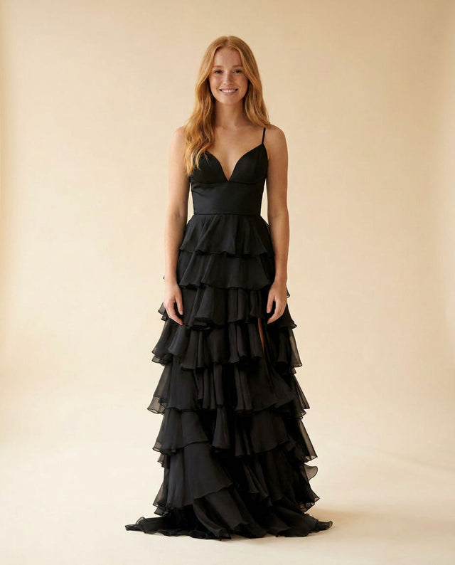 Robe De Chiffon À Volants Noire