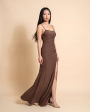 Robe Col Droit Et Fente Café