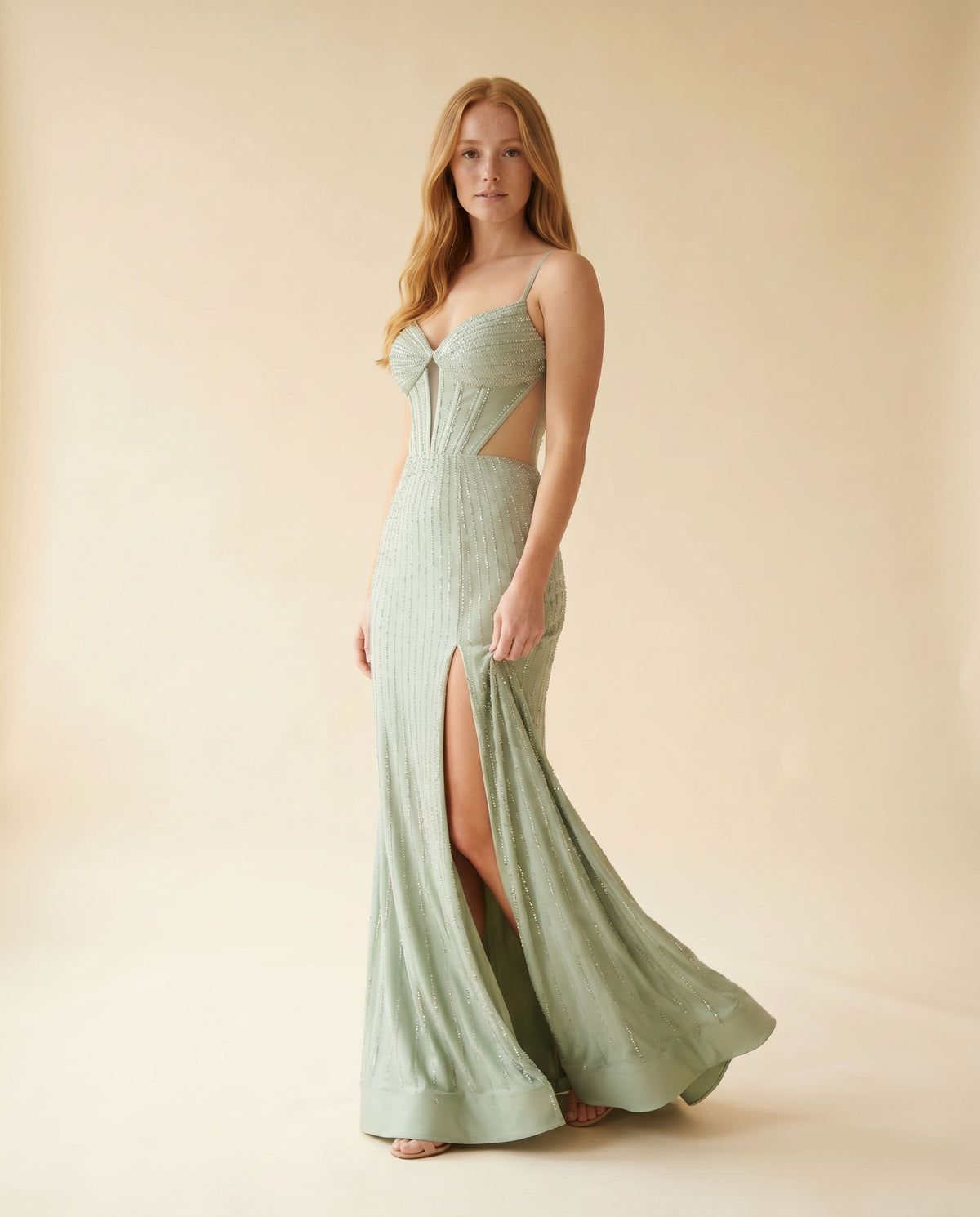 Robe Brillante Avec Fente Sauge