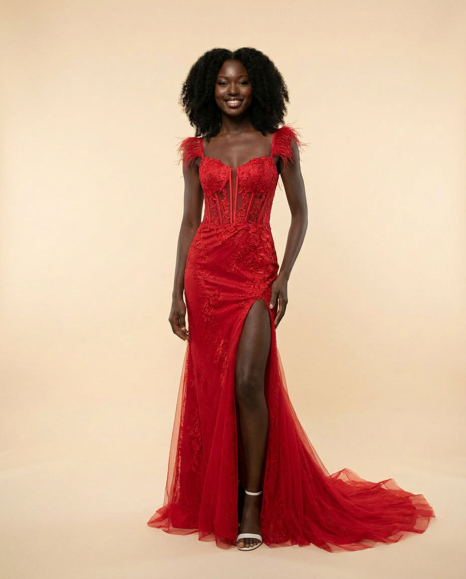 Robe À Corset Et Plumes D'autruche Rouge