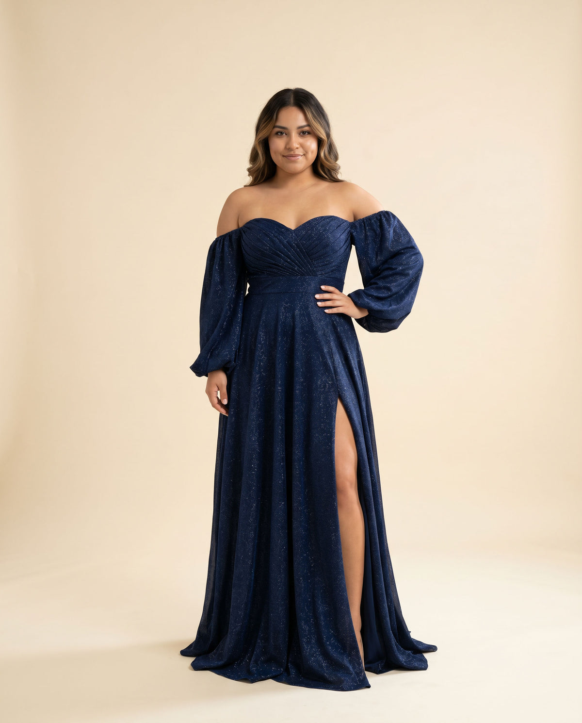 Robe Scintillante À Manches Marine