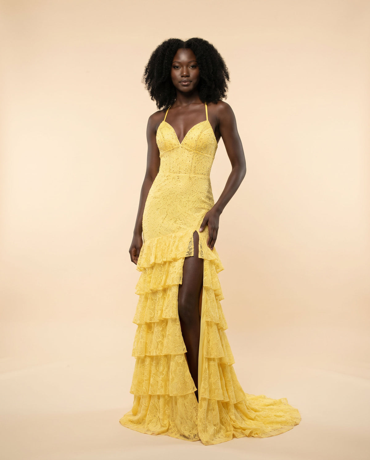Robe Ajusée Avec Volants Jaune