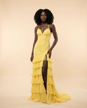 Robe Ajusée Avec Volants Jaune