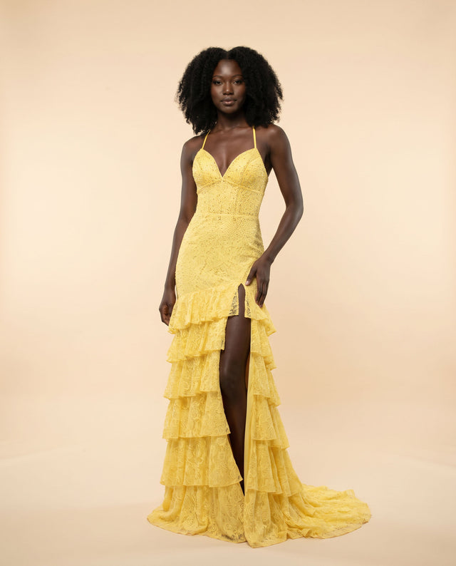 Robe Ajusée Avec Volants Jaune