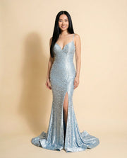 Robe Sirène Perlée Bleu Glacier