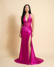 Robe Décolleté Effet Corset Magenta