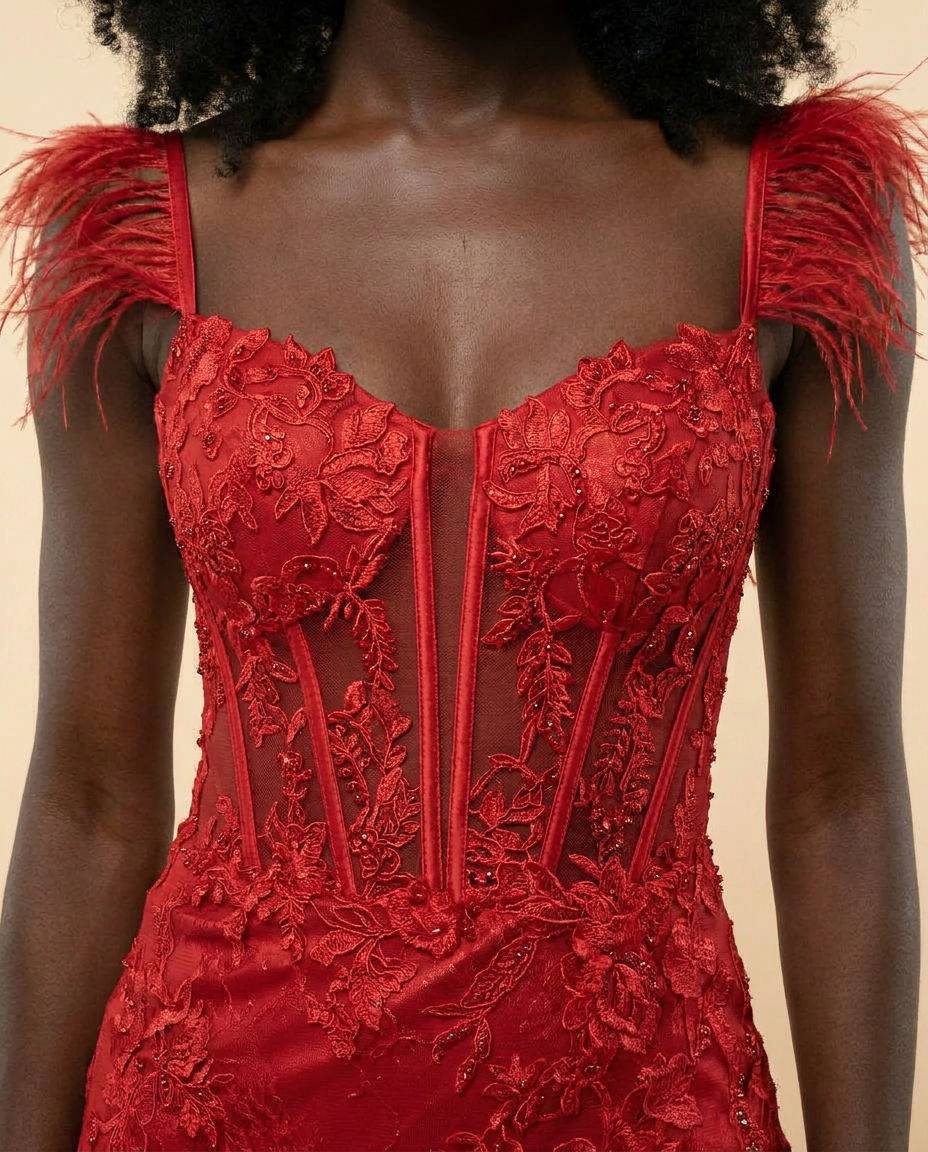 Robe À Corset Et Plumes D'autruche Rouge
