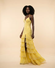 Robe Ajusée Avec Volants Jaune