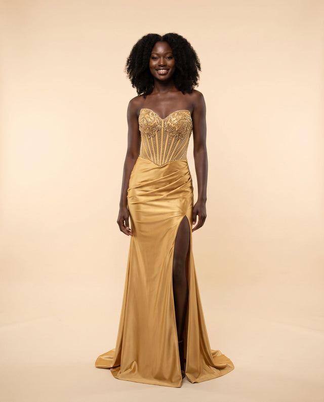 Robe Corset En Satin Marine et Or