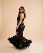 Robe À Paillette Avec Plumes D'autruche Noire