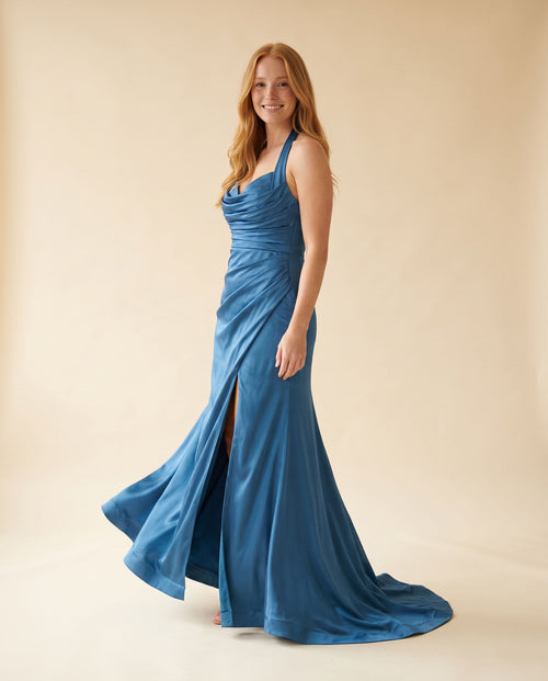 Ladivine - Robe Satinée Avec Fente Bleu Lac - Bleu