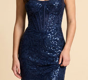Robe Ajustée À Paillettes Marine
