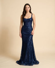 Robe Ajustée À Paillettes Marine