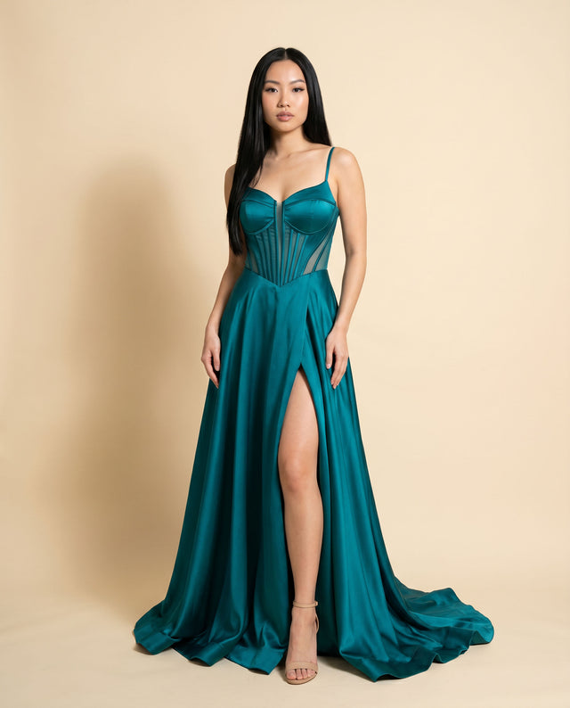Robe Fluide En Satin Turquoise