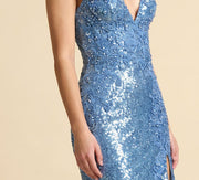 Robe À Paillettes Avec Fente Bleu Vintage