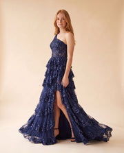 Robe À Une Bretelle Et Jupe Étagée Marine