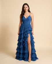 Robe À Étages Bleu Fleurie Brillante