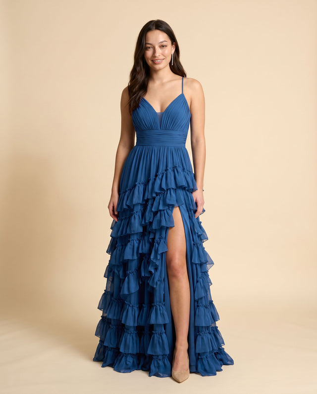 Robe À Étages Bleu Fleurie Brillante