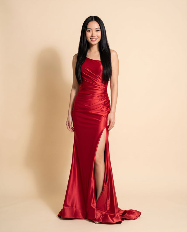 Robe Une Bretelle Avec Fente Rouge