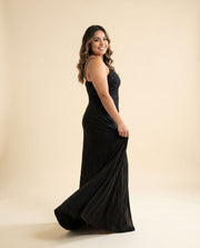 Robe Col Droit Brillante Noire