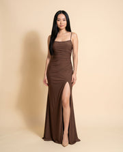 Robe Col Droit Et Fente Café