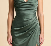 Robe Satinée Avec Fente Sauge Foncé
