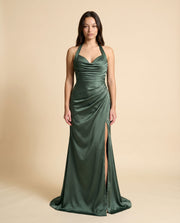 Robe Satinée Avec Fente Sauge Foncé