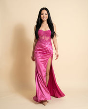 Robe Corset Et Fente Rose Flamboyant