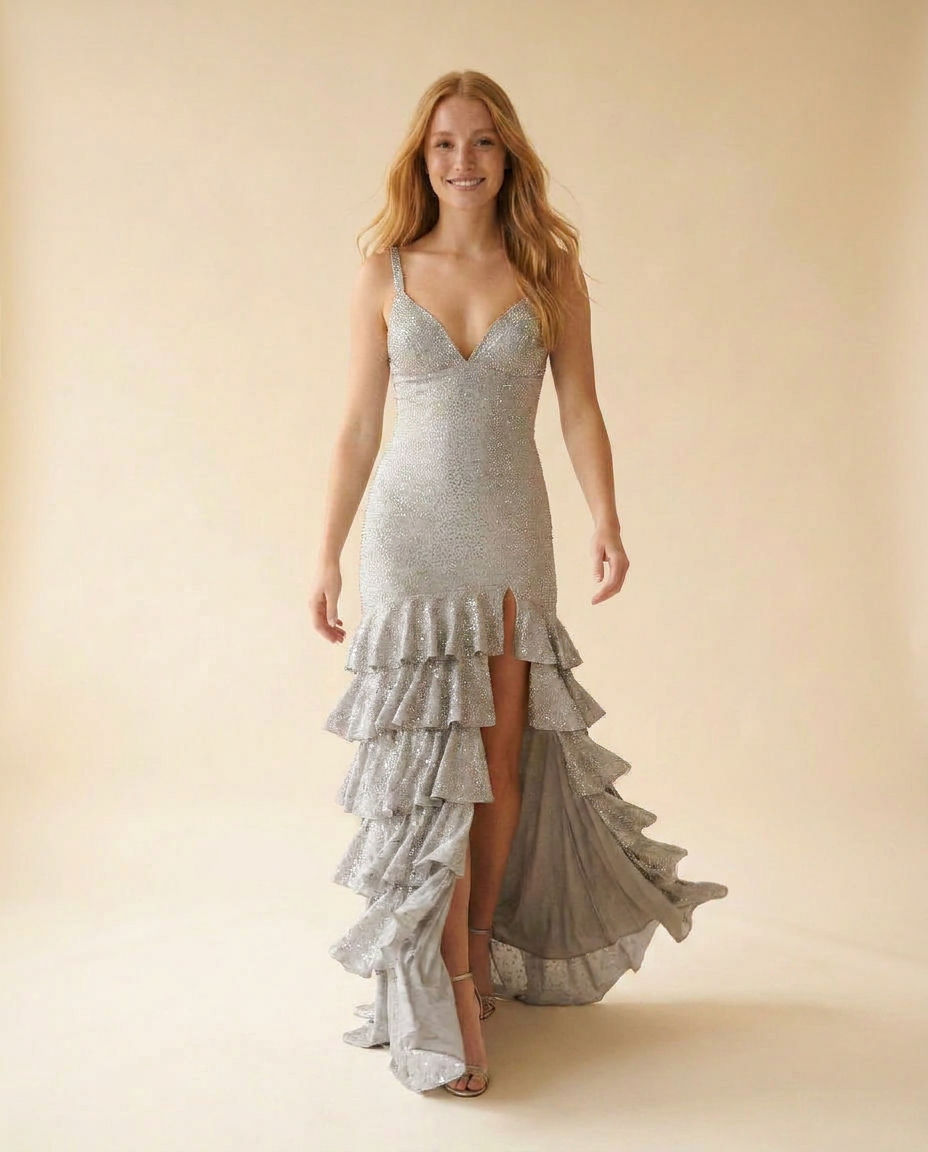 Robe Ajustée à Volants Argent