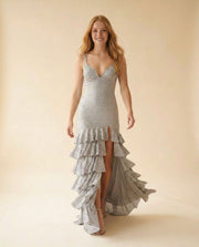 Robe Ajustée à Volants Argent