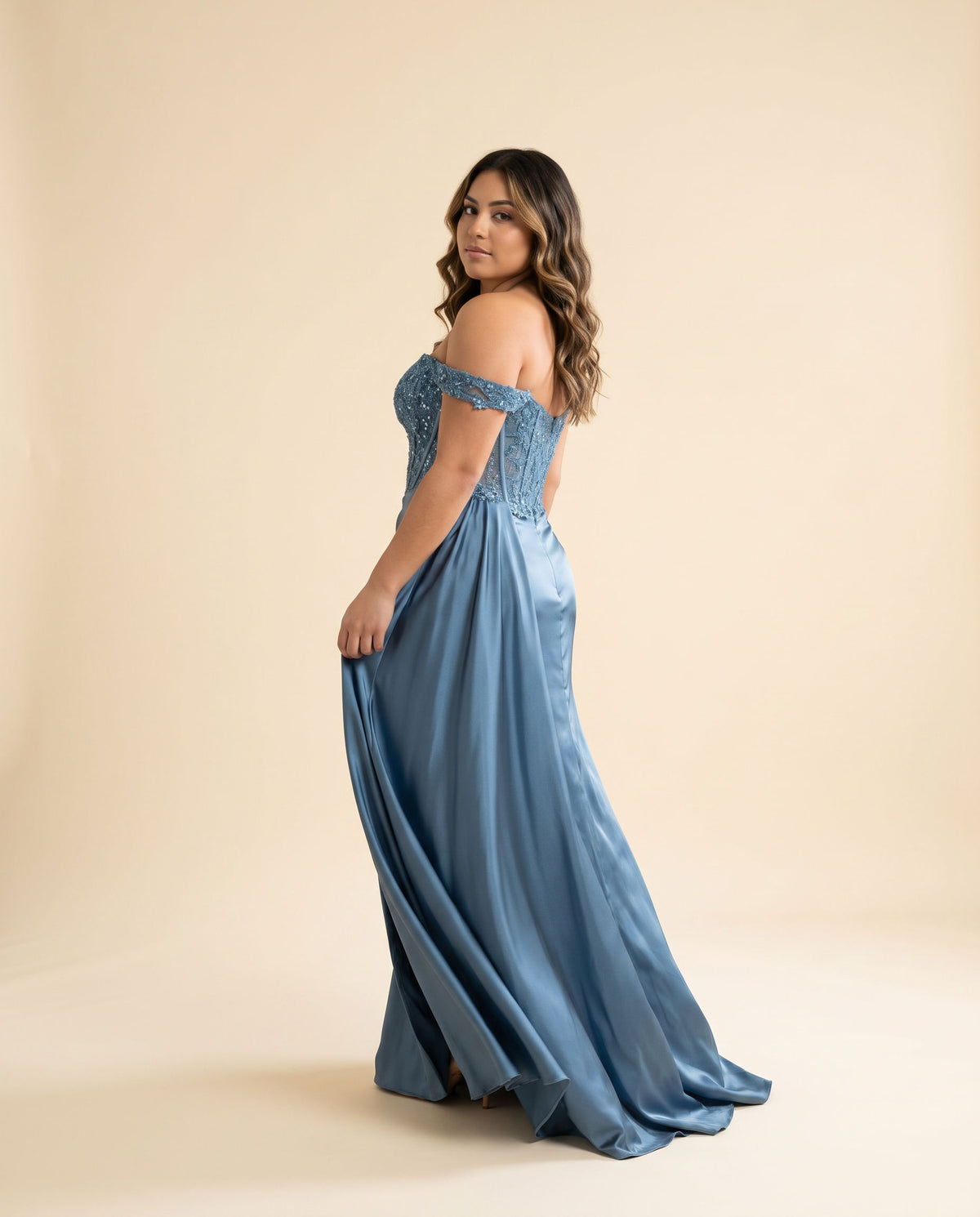 Robe Corset Off Shoulder Bleu Antique