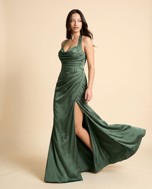 Ladivine - Robe Satinée Avec Fente Sauge Foncé - Sauge