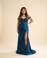 Robe Corset Off Shoulder Bleu Antique