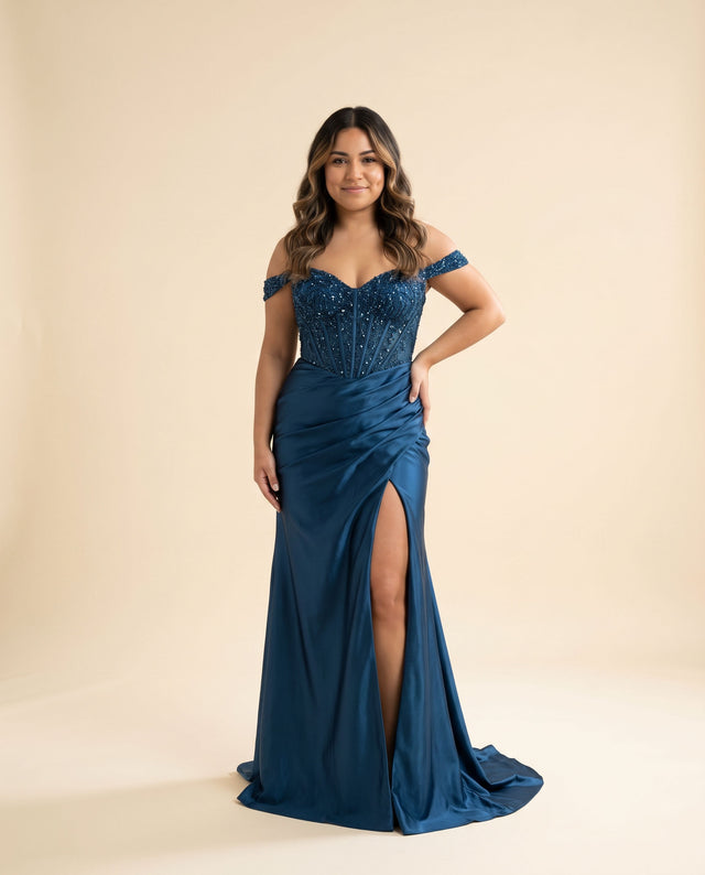 Robe Corset Off Shoulder Bleu Antique