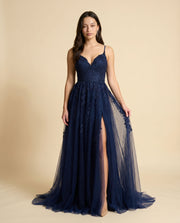 Robe Brodé Avec Fente Marine