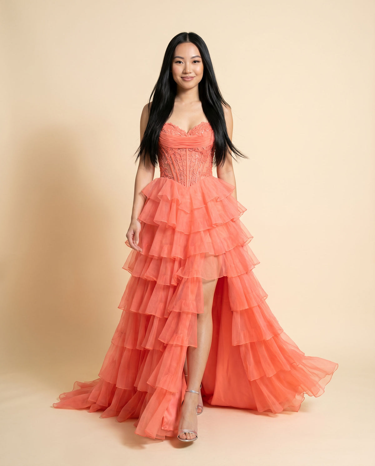 Robe Corset À Volants Corail
