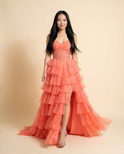 Robe Corset À Volants Corail