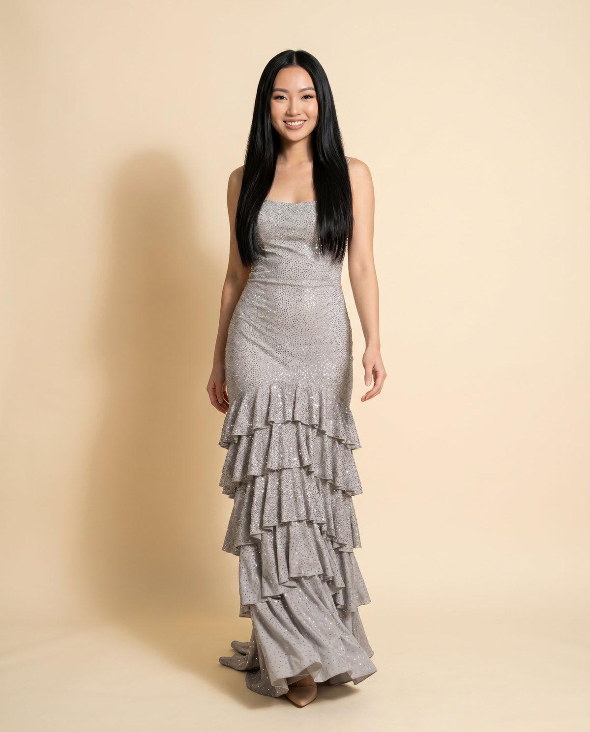 Robe Ajustée à Volants Argent