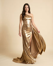 Robe Corset Et Col Baveux Or