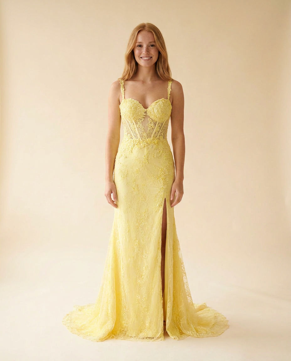 Robe Sirène en Dentelle Jaune