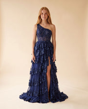 Robe À Une Bretelle Et Jupe Étagée Marine