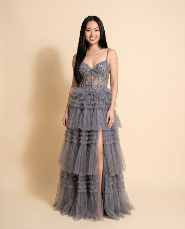 Robe À Étages Et Haut Corset Bleu Gris