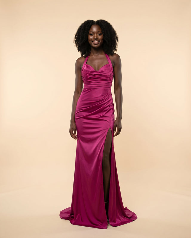 Robe Satinée Avec Fente Magenta