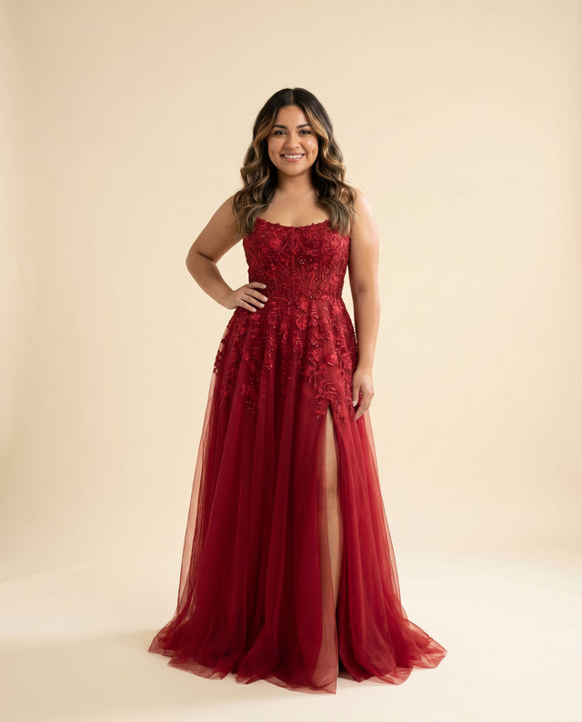 Robe En Tulle Avec Fleurs Rouge
